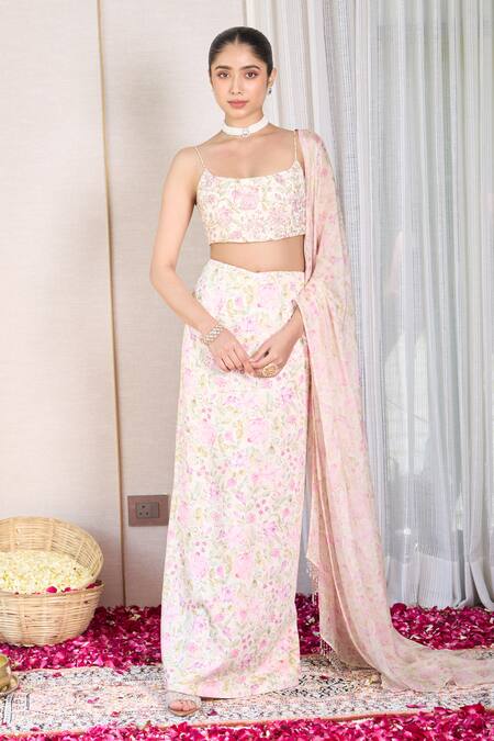 Shop_House Of Karmah_Off White Modal, Satin, Organza Bloomdust Floral Print Bustier Skirt Set _Online_at_Aza_Fashions