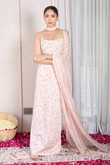 House Of Karmah_Off White Modal, Satin, Organza Bloomdust Floral Print Bustier Skirt Set _at_Aza_Fashions