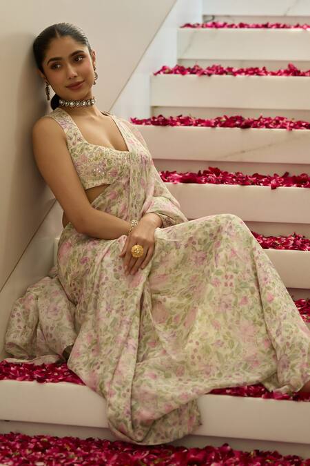 House Of Karmah_Multi Color Shantoon, Petal Whisper Floral Print Pre-draped Saree With Blouse _Online_at_Aza_Fashions