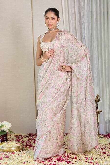 Shop_House Of Karmah_Multi Color Shantoon, Petal Whisper Floral Print Pre-draped Saree With Blouse _Online_at_Aza_Fashions