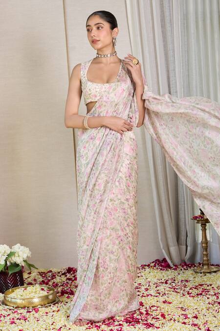 Buy_House Of Karmah_Multi Color Shantoon, Petal Whisper Floral Print Pre-draped Saree With Blouse 