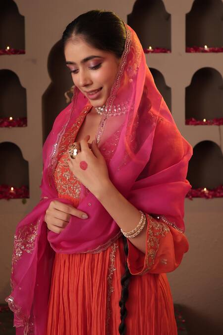 House Of Karmah_Orange Chanderi, Organza Embroidery, Zari, Sequins Square Gulbahar Anarkali Set _Online_at_Aza_Fashions