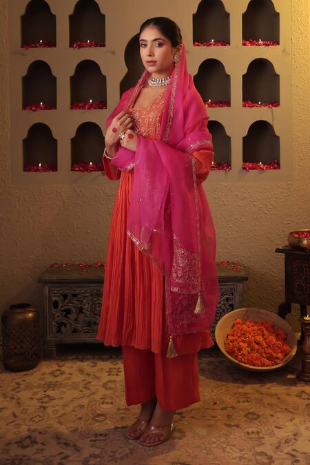 Shop_House Of Karmah_Orange Chanderi, Organza Embroidery, Zari, Sequins Square Gulbahar Anarkali Set _Online_at_Aza_Fashions