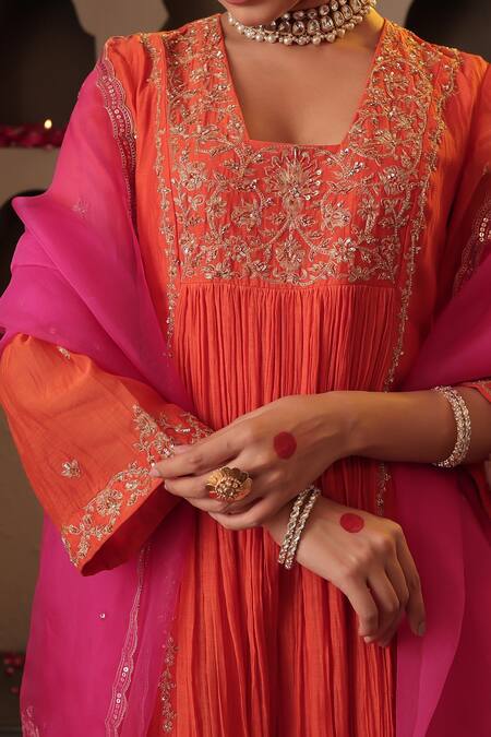 Buy_House Of Karmah_Orange Chanderi, Organza Embroidery, Zari, Sequins Square Gulbahar Anarkali Set 