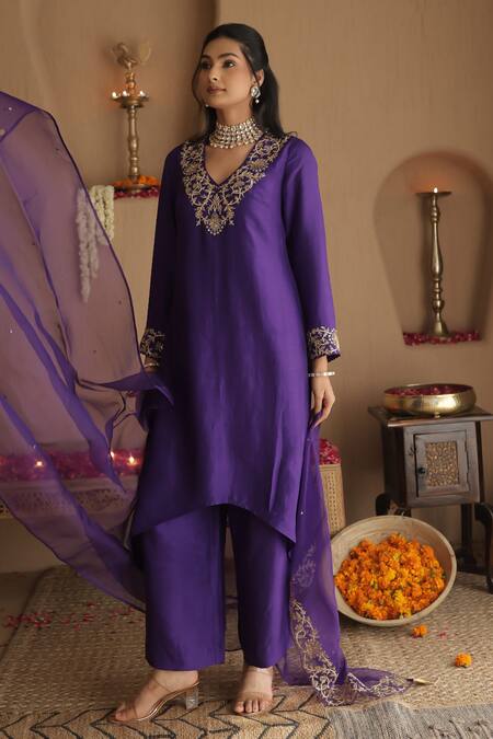 Buy_House Of Karmah_Purple Dupion, Silk, Organza Embroidery, Zari, Sequins Amrit Ambar Kurta Set _Online_at_Aza_Fashions