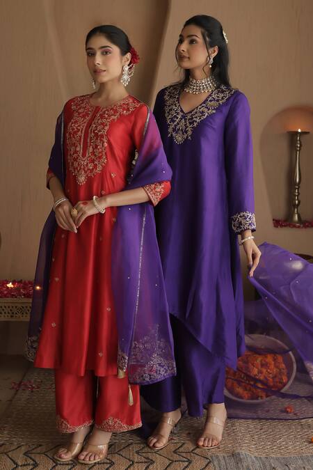 Shop_House Of Karmah_Purple Dupion, Silk, Organza Embroidery, Zari, Sequins Amrit Ambar Kurta Set _Online_at_Aza_Fashions