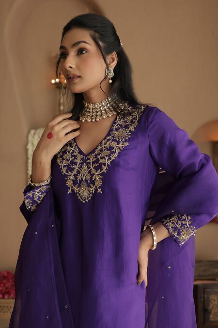 Buy_House Of Karmah_Purple Dupion, Silk, Organza Embroidery, Zari, Sequins Amrit Ambar Kurta Set 
