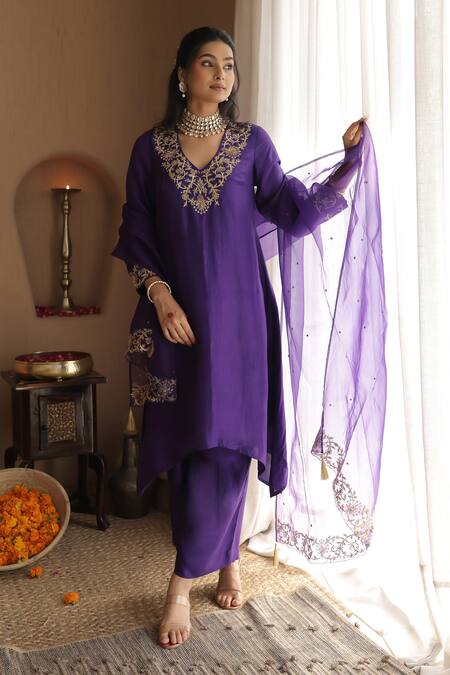 Shop_House Of Karmah_Purple Dupion, Silk, Organza Embroidery, Zari, Sequins Amrit Ambar Kurta Set 