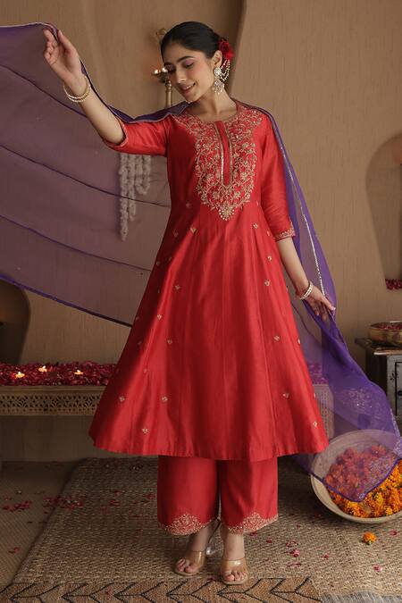 Shop_House Of Karmah_Red Chanderi, Organza Embroidery, Sequins Round Neck Phoolwari Kurta Set _Online_at_Aza_Fashions