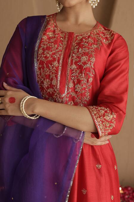 Buy_House Of Karmah_Red Chanderi, Organza Embroidery, Sequins Round Neck Phoolwari Kurta Set 