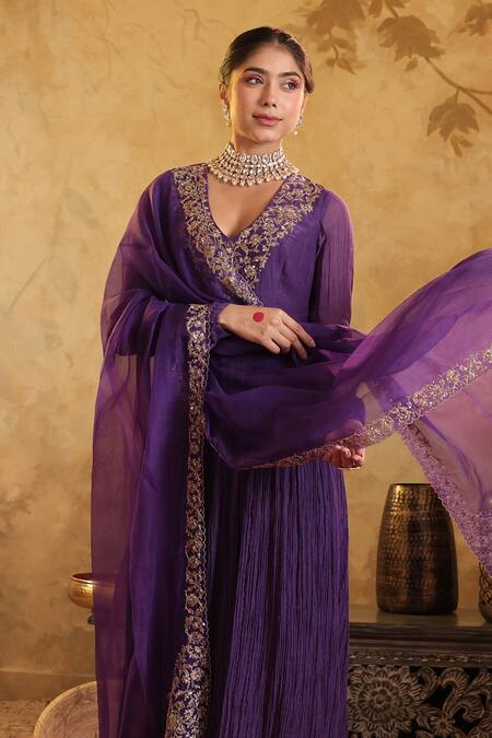 House Of Karmah_Purple Chanderi, Organza Embroidery, Zari V-neck Indrani Anarkali Set _Online_at_Aza_Fashions