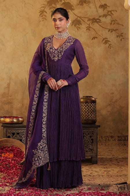 House Of Karmah Purple Chanderi, Organza Embroidery, Zari V-neck Indrani Anarkali Set