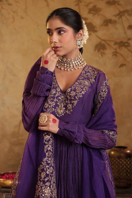 Buy_House Of Karmah_Purple Chanderi, Organza Embroidery, Zari V-neck Indrani Anarkali Set _Online_at_Aza_Fashions