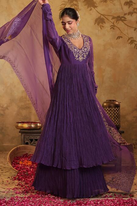 House Of Karmah_Purple Chanderi, Organza Embroidery, Zari V-neck Indrani Anarkali Set _at_Aza_Fashions