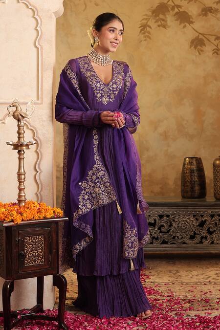 Buy_House Of Karmah_Purple Chanderi, Organza Embroidery, Zari V-neck Indrani Anarkali Set 