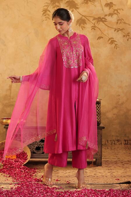 House Of Karmah_Pink Chanderi, Organza Embroidery, Zari Round Neck Rang E Gulab Kurta Set _at_Aza_Fashions