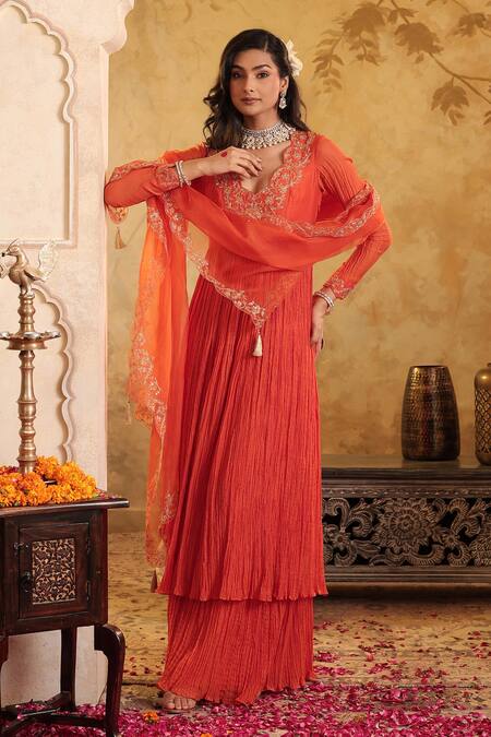 House Of Karmah_Red Chanderi, Organza Embroidery, Zari V-neck Nargis Anarkali Skirt Set _Online_at_Aza_Fashions