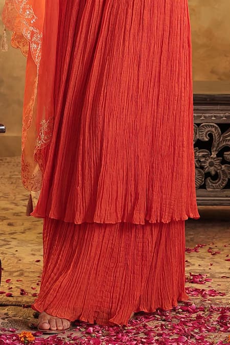 Buy_House Of Karmah_Red Chanderi, Organza Embroidery, Zari V-neck Nargis Anarkali Skirt Set _Online_at_Aza_Fashions