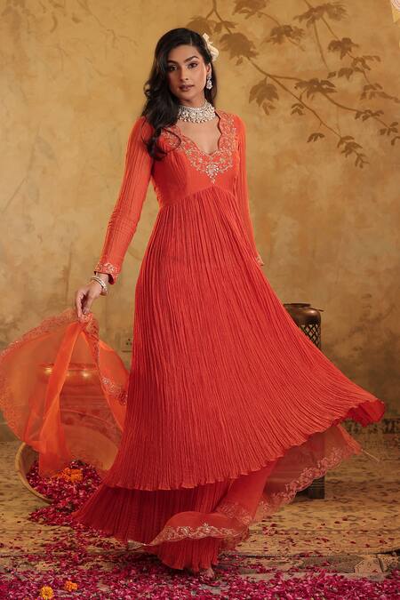 House Of Karmah_Red Chanderi, Organza Embroidery, Zari V-neck Nargis Anarkali Skirt Set _at_Aza_Fashions