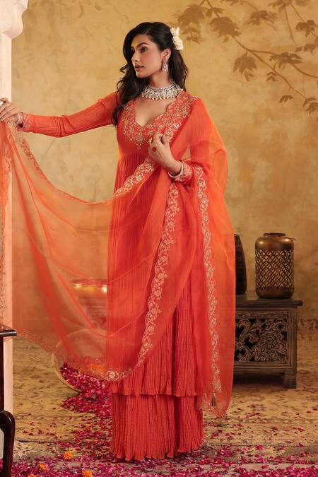 Shop_House Of Karmah_Red Chanderi, Organza Embroidery, Zari V-neck Nargis Anarkali Skirt Set 