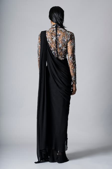 Vivek Patel Black Sequin Embellished Pre-Draped Saree Gown