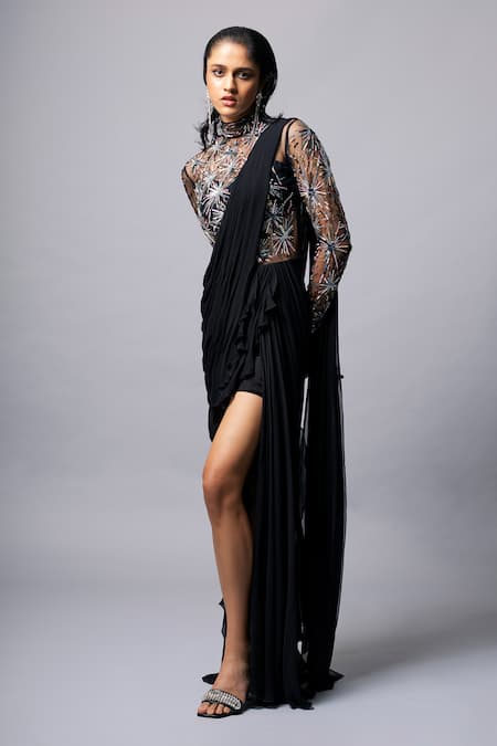 Vivek Patel_Black Georgette Pearls, Sequins High Neck Embellished Pre-draped Saree Gown _Online_at_Aza_Fashions