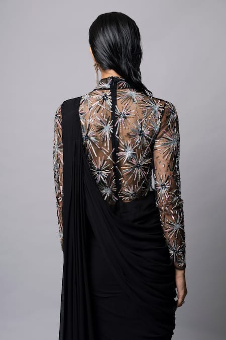 Shop_Vivek Patel_Black Georgette Pearls, Sequins High Neck Embellished Pre-draped Saree Gown _Online_at_Aza_Fashions