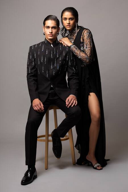 Vivek Patel_Black Georgette Pearls, Sequins High Neck Embellished Pre-draped Saree Gown _at_Aza_Fashions