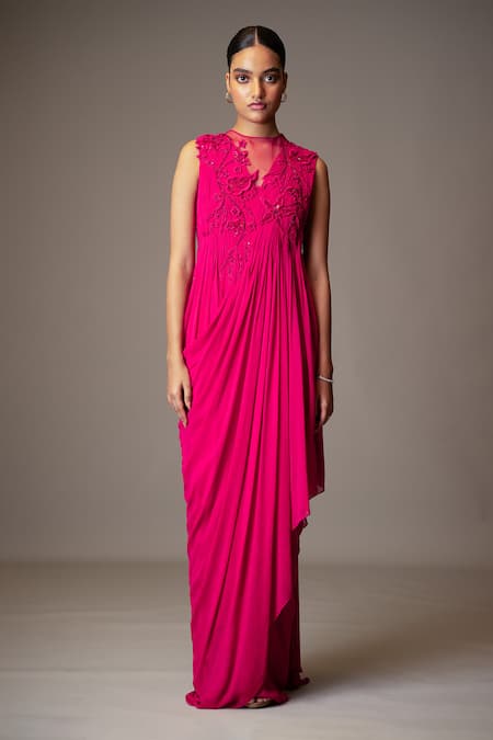 Vivek Patel 3D Floral Embellished Draped Gown