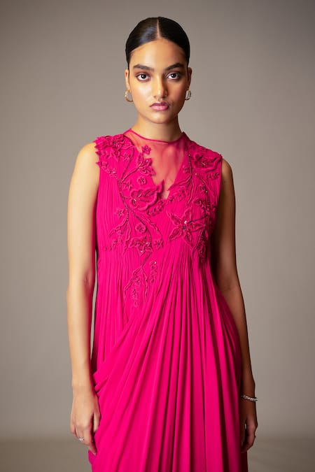 Vivek Patel_Fuchsia Georgette Beads High Neck 3d Floral Embellished Draped Gown _Online_at_Aza_Fashions