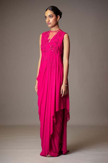 Buy_Vivek Patel_Fuchsia Georgette Beads High Neck 3d Floral Embellished Draped Gown _Online_at_Aza_Fashions