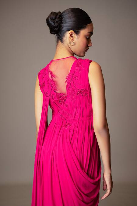 Shop_Vivek Patel_Fuchsia Georgette Beads High Neck 3d Floral Embellished Draped Gown _Online_at_Aza_Fashions