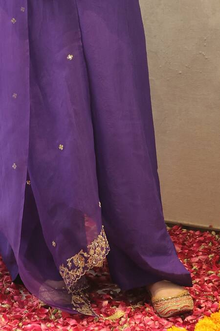 Buy_House Of Karmah_Purple Dupion, Silk, Organza Embroidery, Zari, Metallic Amrit Amber Kurta Set _Online_at_Aza_Fashions