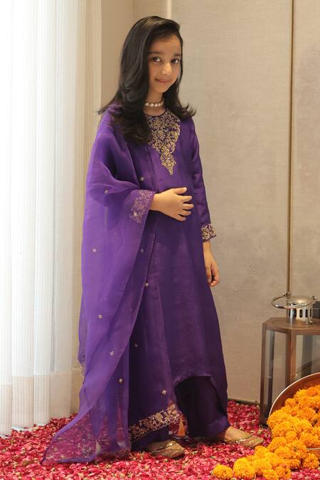 Shop_House Of Karmah_Purple Dupion, Silk, Organza Embroidery, Zari, Metallic Amrit Amber Kurta Set _Online_at_Aza_Fashions