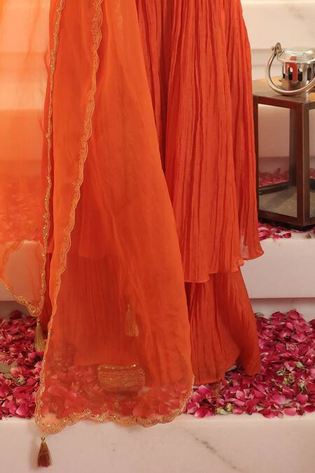 House Of Karmah_Orange Chanderi, Organza Embroidery, Sequins, Zari Nargis Anarkali Set _Online_at_Aza_Fashions