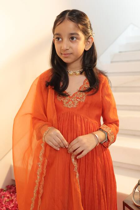 Buy_House Of Karmah_Orange Chanderi, Organza Embroidery, Sequins, Zari Nargis Anarkali Set _Online_at_Aza_Fashions