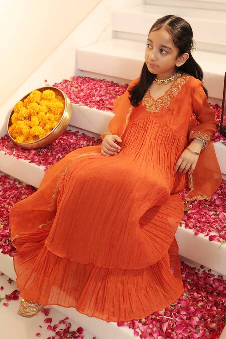 House Of Karmah_Orange Chanderi, Organza Embroidery, Sequins, Zari Nargis Anarkali Set _at_Aza_Fashions