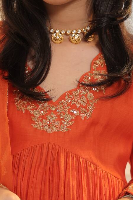 Buy_House Of Karmah_Orange Chanderi, Organza Embroidery, Sequins, Zari Nargis Anarkali Set 