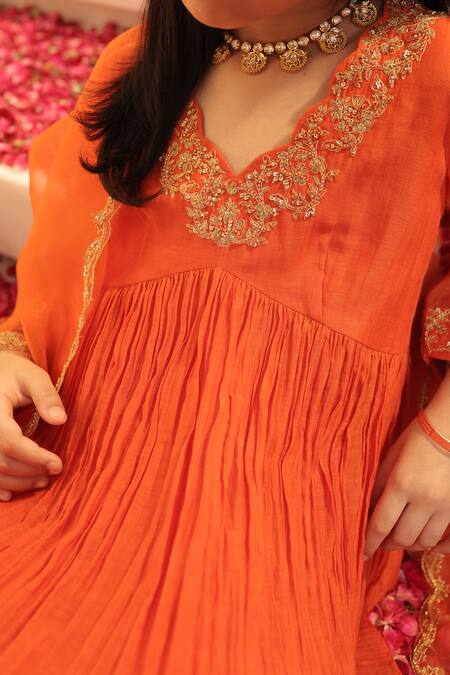 Shop_House Of Karmah_Orange Chanderi, Organza Embroidery, Sequins, Zari Nargis Anarkali Set 