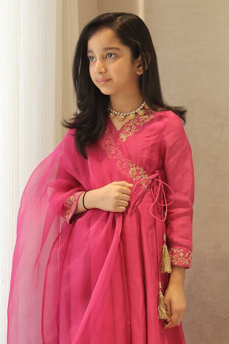 House Of Karmah_Pink Chanderi, Shantoon, Organza Embroidery, Zari Gulaabi Anarkali Set _Online_at_Aza_Fashions