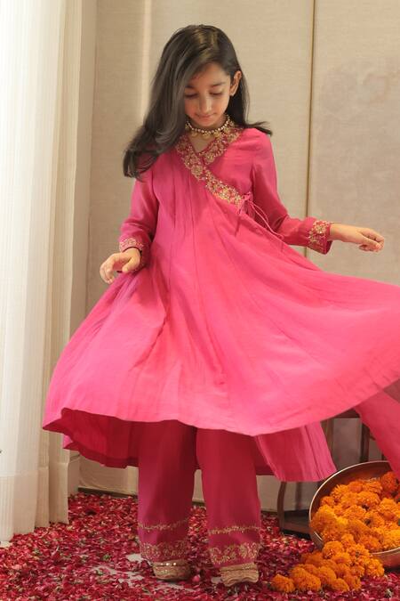 Buy_House Of Karmah_Pink Chanderi, Shantoon, Organza Embroidery, Zari Gulaabi Anarkali Set _Online_at_Aza_Fashions