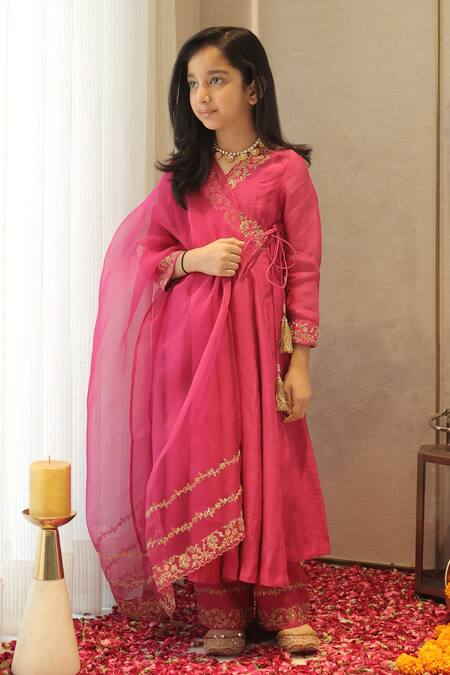 Shop_House Of Karmah_Pink Chanderi, Shantoon, Organza Embroidery, Zari Gulaabi Anarkali Set _Online_at_Aza_Fashions
