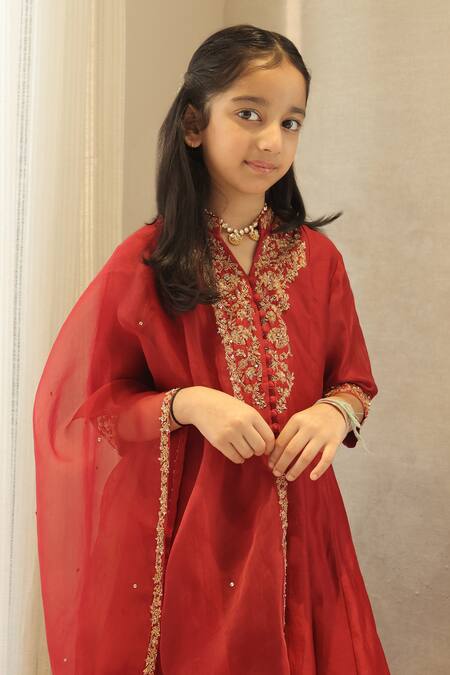 Shop_House Of Karmah_Maroon Chanderi, Organza Embroidery, Sequins, Zari Kumkum Kurta Set _Online_at_Aza_Fashions