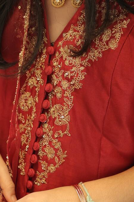 Buy_House Of Karmah_Maroon Chanderi, Organza Embroidery, Sequins, Zari Kumkum Kurta Set 
