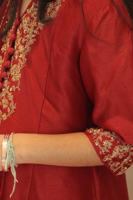 Shop_House Of Karmah_Maroon Chanderi, Organza Embroidery, Sequins, Zari Kumkum Kurta Set 