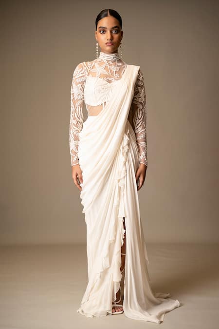 Vivek Patel Embellished Ivory Saree Gown With Drape