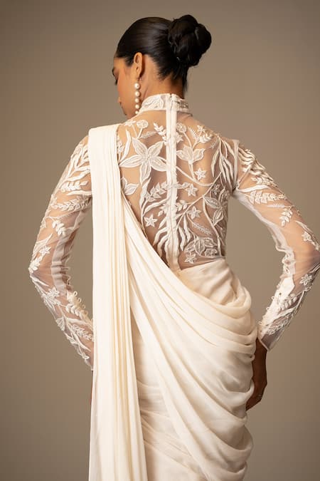 Vivek Patel Embellished Ivory Saree Gown With Drape