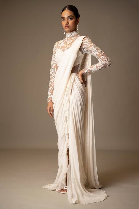 Buy Vivek Patel Ivory Georgette Sequins, Beads, Embroidery Embellished Saree Gown With Drape Online at Aza Fashions Buy_Vivek Patel_Ivory Georgette Sequins, Beads, Embroidery Embellished Saree Gown With Drape _Online_at_Aza_Fashions