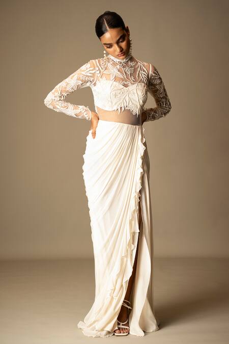 Shop Vivek Patel Ivory Georgette Sequins, Beads, Embroidery Embellished Saree Gown With Drape Online at Aza Fashions Shop_Vivek Patel_Ivory Georgette Sequins, Beads, Embroidery Embellished Saree Gown With Drape _Online_at_Aza_Fashions