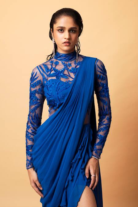 Vivek Patel_Blue Georgette Embroidery, Sequins, Beads Teal Resham Embellished Saree Gown _Online_at_Aza_Fashions